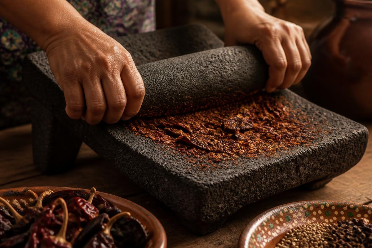 Hands grinding dried chiles on a volcanic stone metate